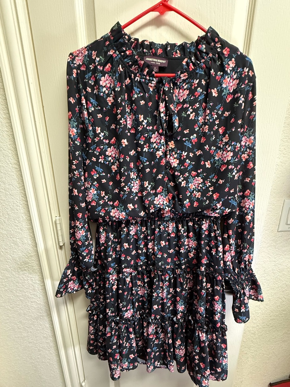 Johnston & Murphy Black Floral Ruffle-Tier Dress with Pink & Blue Flowers